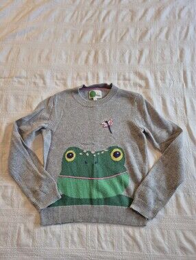 Mini Boden girls 9/10 years gray frog sweater Htf bigger size VGUC